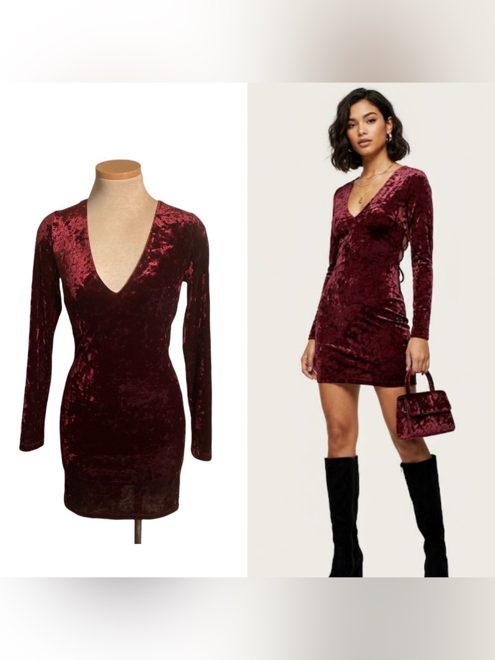 TopShop Crushed Velvet Mini Dress with Lace Up Back and V Neckline Size 4